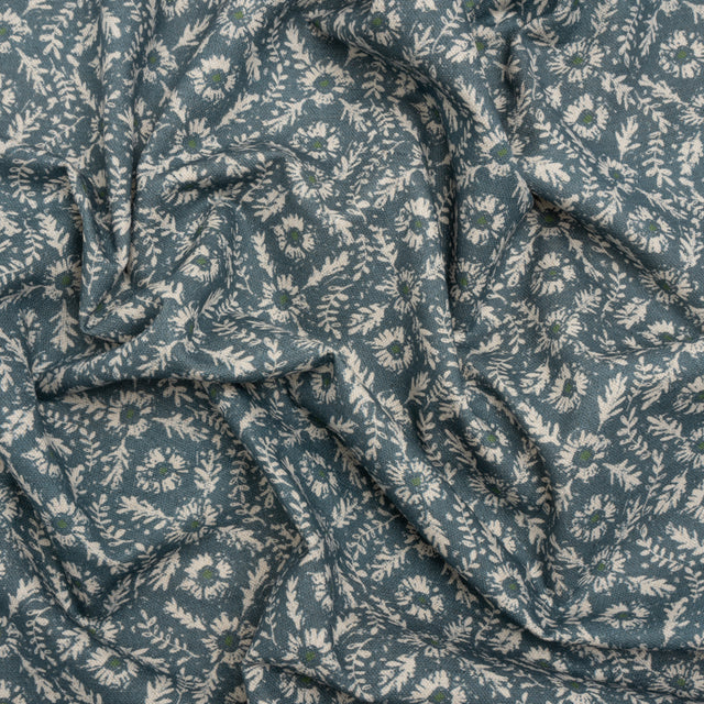 Brushed Cotton and Linen Canvas - Indigo Flowers and Leaves - Flowers and Leaves British Imported