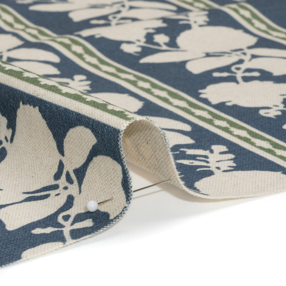 Brushed Cotton and Linen Canvas - Indigo Floral Silhouette Stripes - British Imported Detail