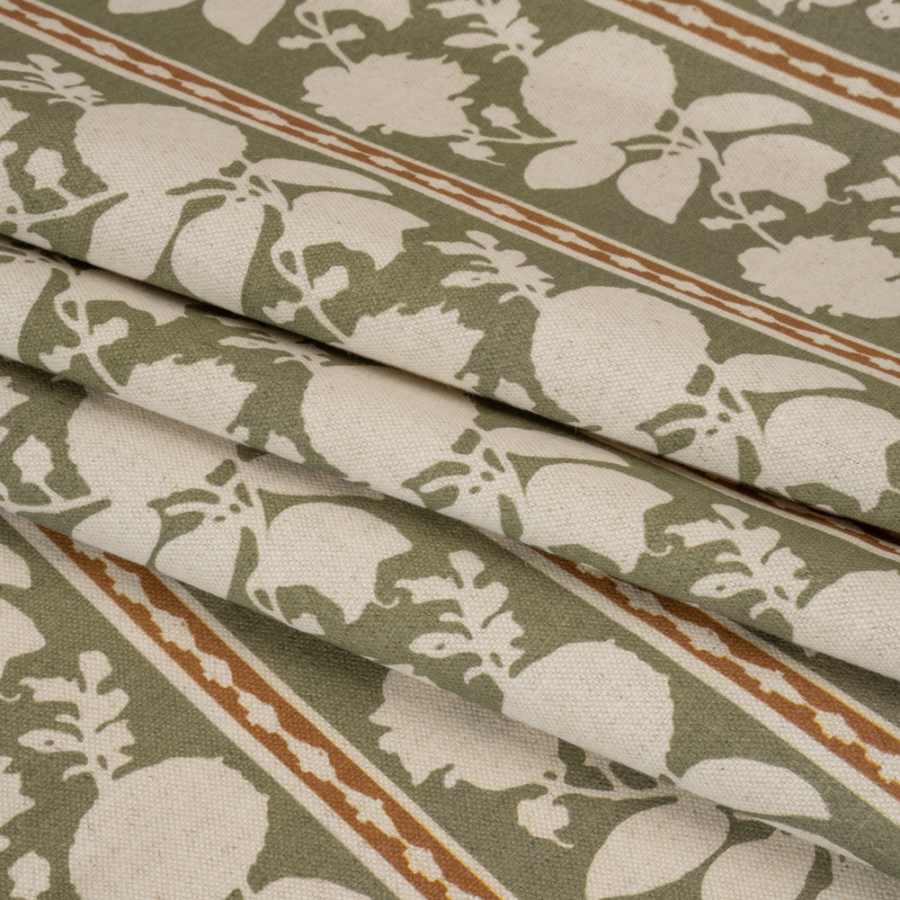 Brushed Cotton and Linen Canvas - Oregano Floral Silhouette Stripes - British Imported Folded