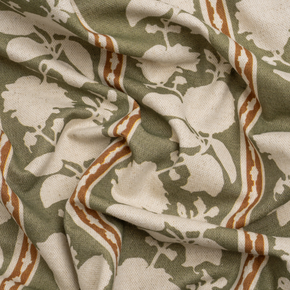 Brushed Cotton and Linen Canvas - Oregano Floral Silhouette Stripes - British Imported