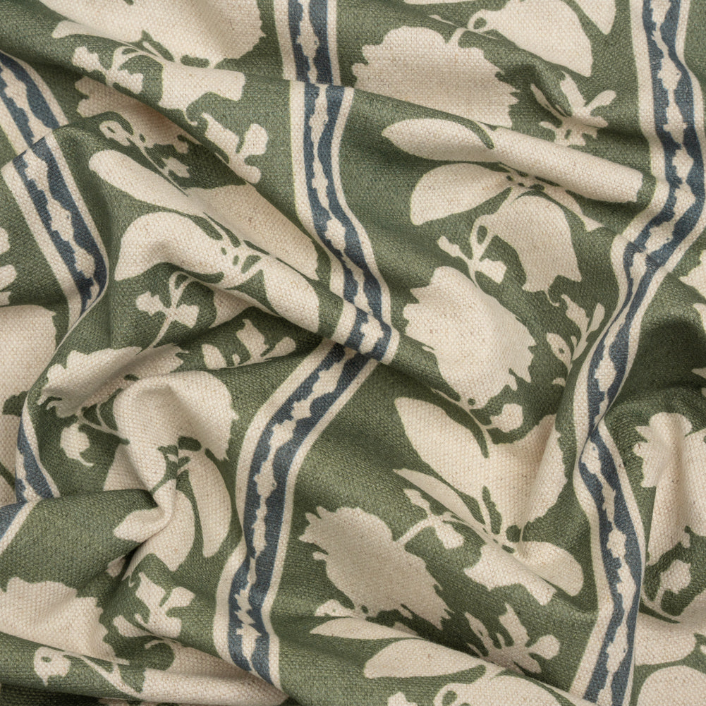 Brushed Cotton and Linen Canvas - Thyme Floral Silhouette Stripes - British Imported