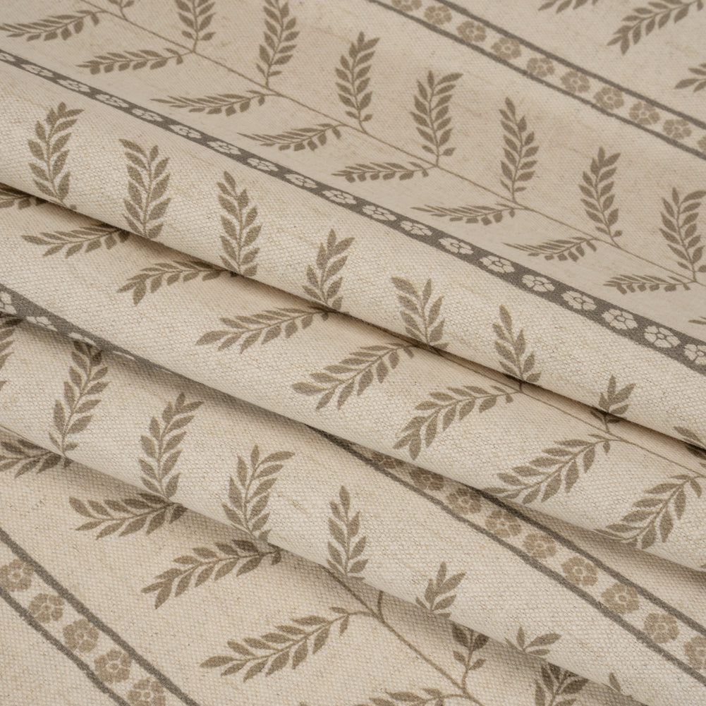 Brushed Cotton and Linen Canvas - Jute Fern Leaves and Flower Stripes - British Imported Folded