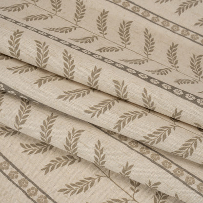 Brushed Cotton and Linen Canvas - Jute Fern Leaves and Flower Stripes - British Imported Folded