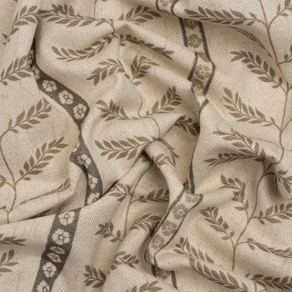 Brushed Cotton and Linen Canvas - Jute Fern Leaves and Flower Stripes - British Imported