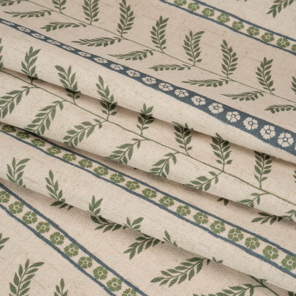 Brushed Cotton and Linen Canvas - Thyme Fern Leaves and Flower Stripes - British Imported Folded