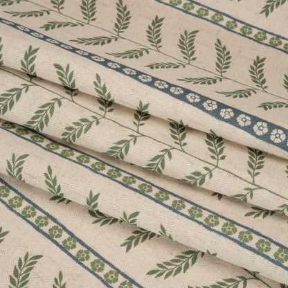 Brushed Cotton and Linen Canvas - Thyme Fern Leaves and Flower Stripes - British Imported Folded