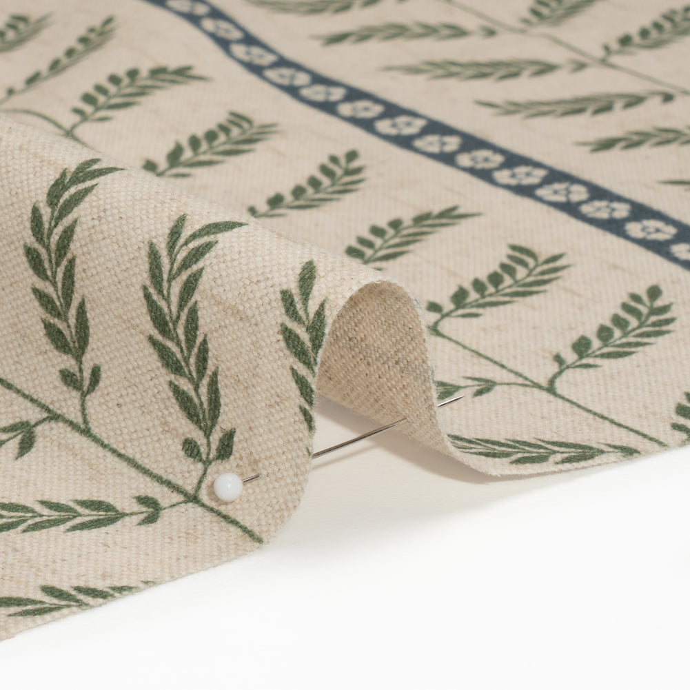 Brushed Cotton and Linen Canvas - Thyme Fern Leaves and Flower Stripes - British Imported Detail
