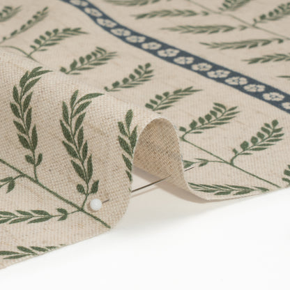 Brushed Cotton and Linen Canvas - Thyme Fern Leaves and Flower Stripes - British Imported Detail