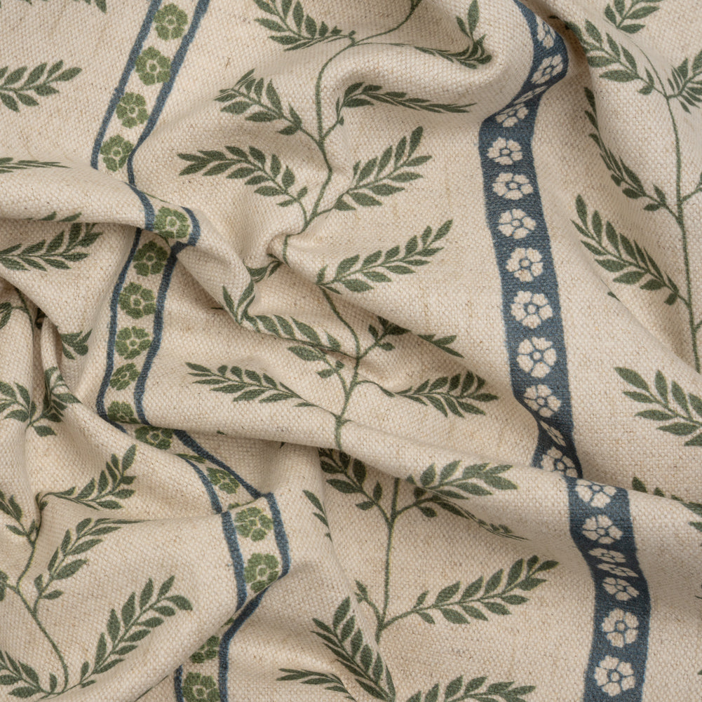 Brushed Cotton and Linen Canvas - Thyme Fern Leaves and Flower Stripes - British Imported