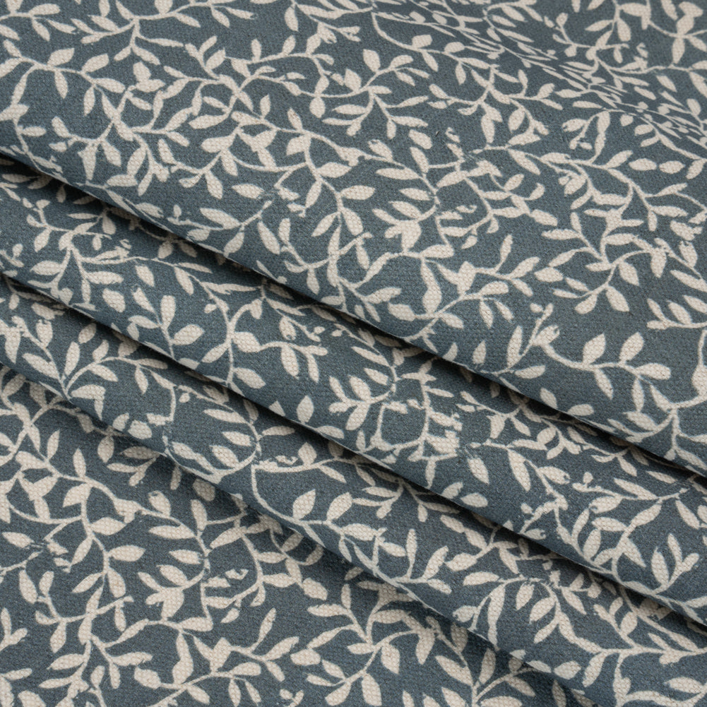 Brushed Cotton and Linen Canvas - Indigo Little Vines - British Imported Folded