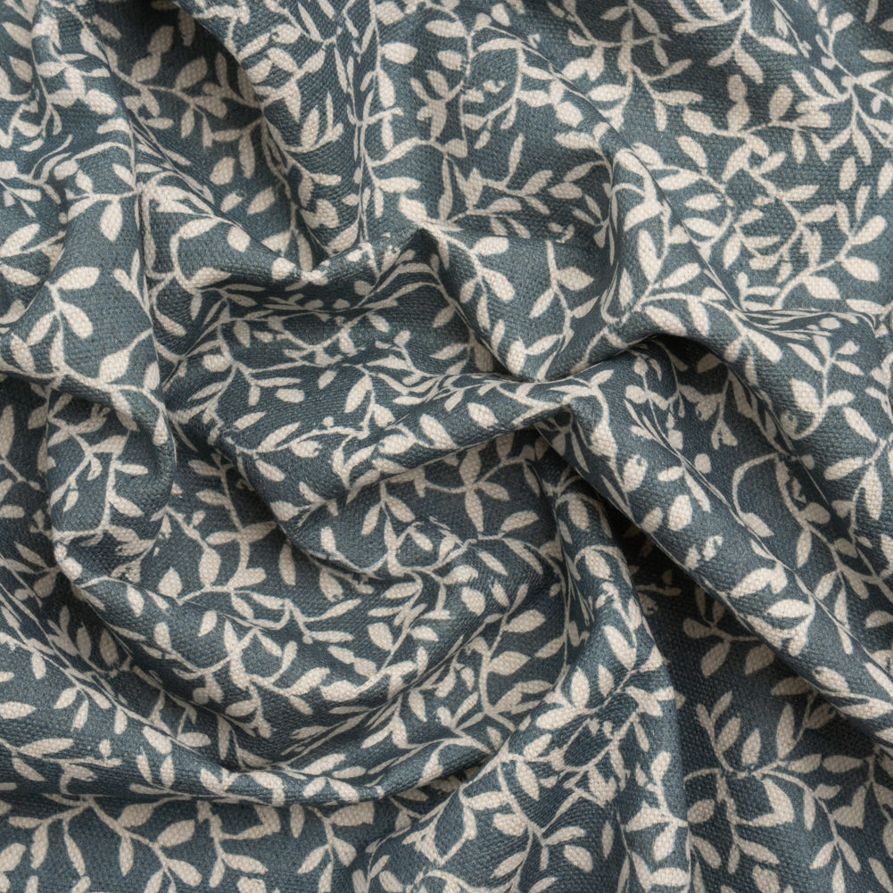 Brushed Cotton and Linen Canvas - Indigo Little Vines - British Imported