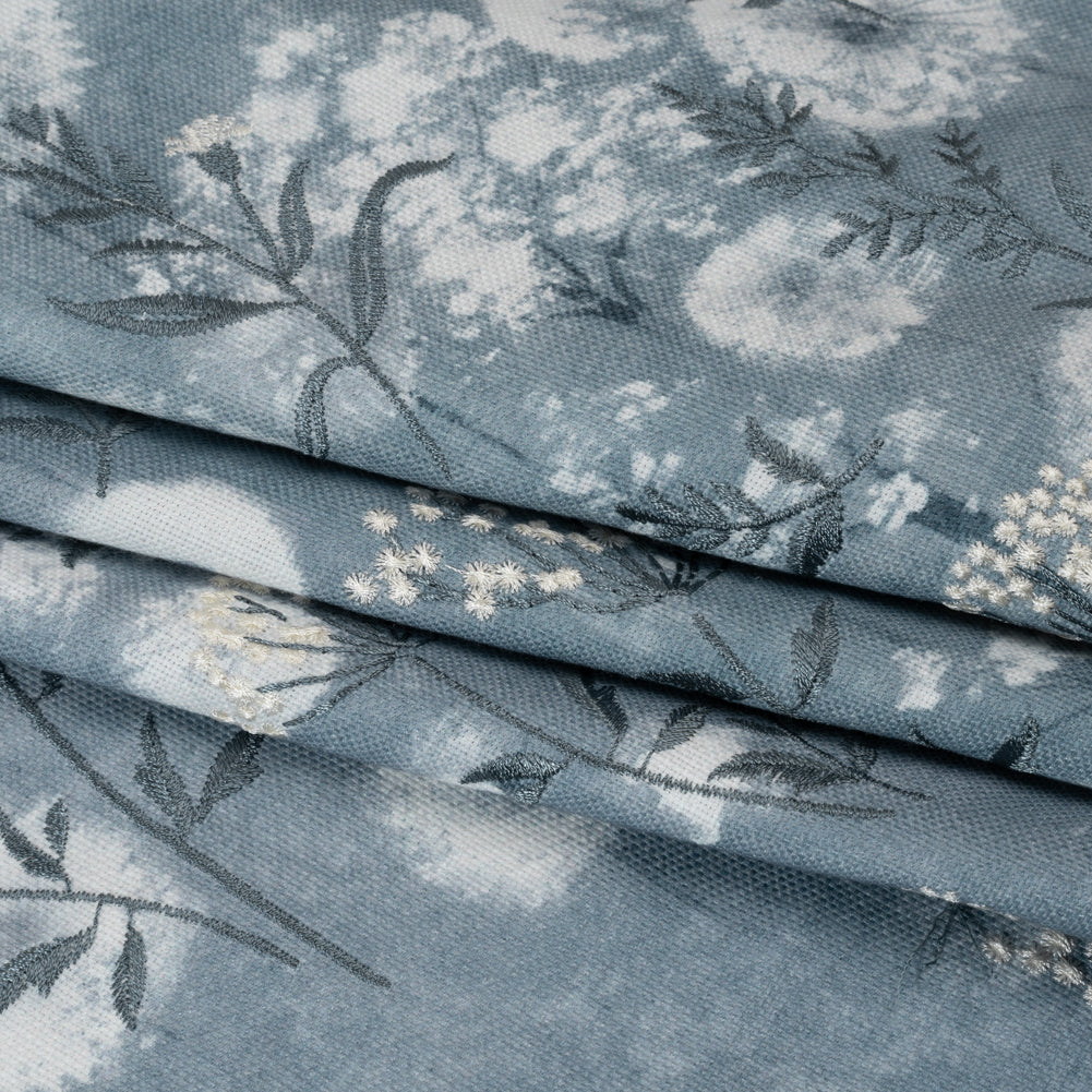 Cotton Canvas Print with Floral Embroidery - Denim Tie Dye Spots - British Imported