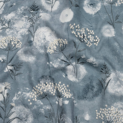 Cotton Canvas Print with Floral Embroidery - Denim Tie Dye Spots - British Imported