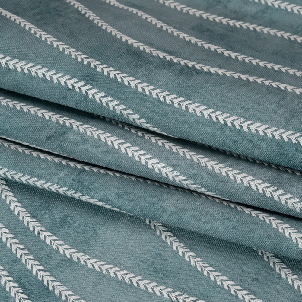 Embroidered Linen-Look Polyester Drapery Woven - Denim Leafy Wavy Lines and Watercolor Texture - British Imported
