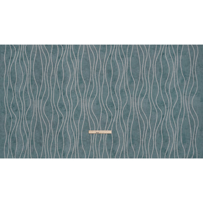 Embroidered Linen-Look Polyester Drapery Woven - Denim Leafy Wavy Lines and Watercolor Texture - British Imported
