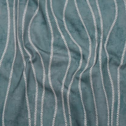Embroidered Linen-Look Polyester Drapery Woven - Denim Leafy Wavy Lines and Watercolor Texture - British Imported