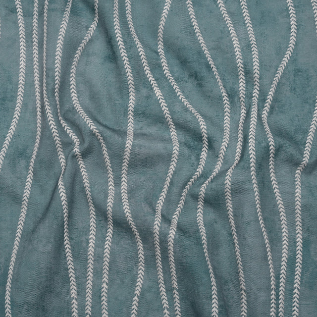 Embroidered Linen-Look Polyester Drapery Woven - Denim Leafy Wavy Lines and Watercolor Texture - British Imported