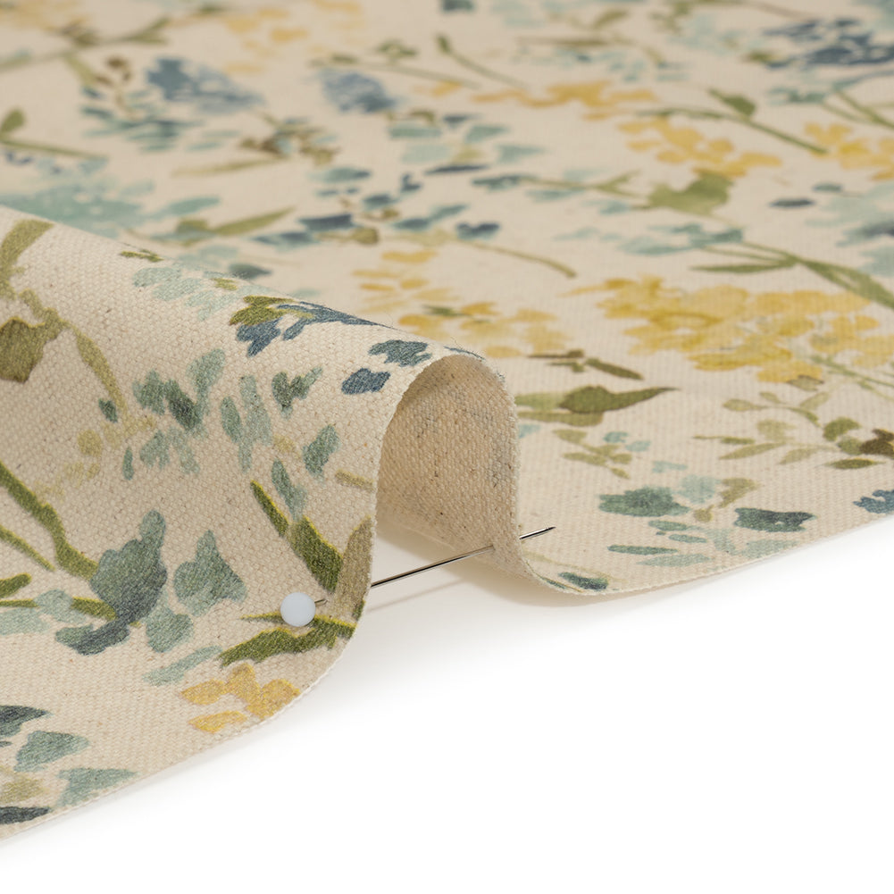 Printed Cotton and Linen Canvas - Azure Painterly Flowers - British Imported - Detail