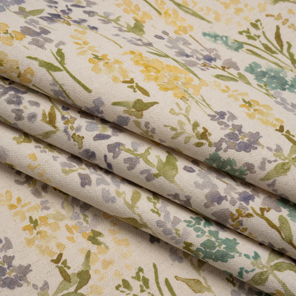 Printed Cotton and Linen Canvas - Heather Painterly Flowers - British Imported - Folded