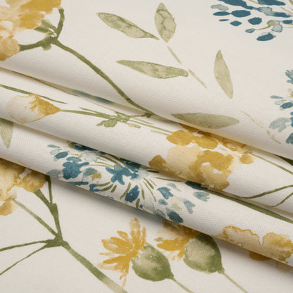 Printed Cotton Canvas - Azure Watercolor Floral Stems - British Imported
