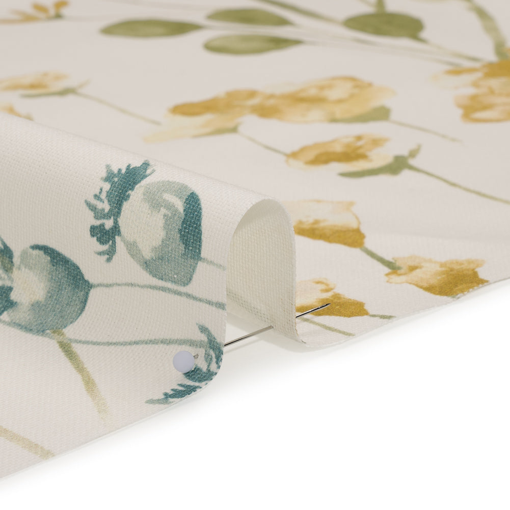 Printed Cotton Canvas - Azure Watercolor Floral Stems - British Imported - Detail