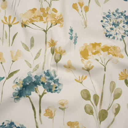 Printed Cotton Canvas - Azure Watercolor Floral Stems - British Imported
