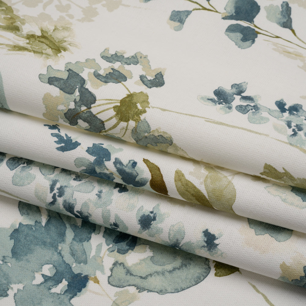 Printed Cotton Canvas - Azure Watercolor Blooms - British Imported