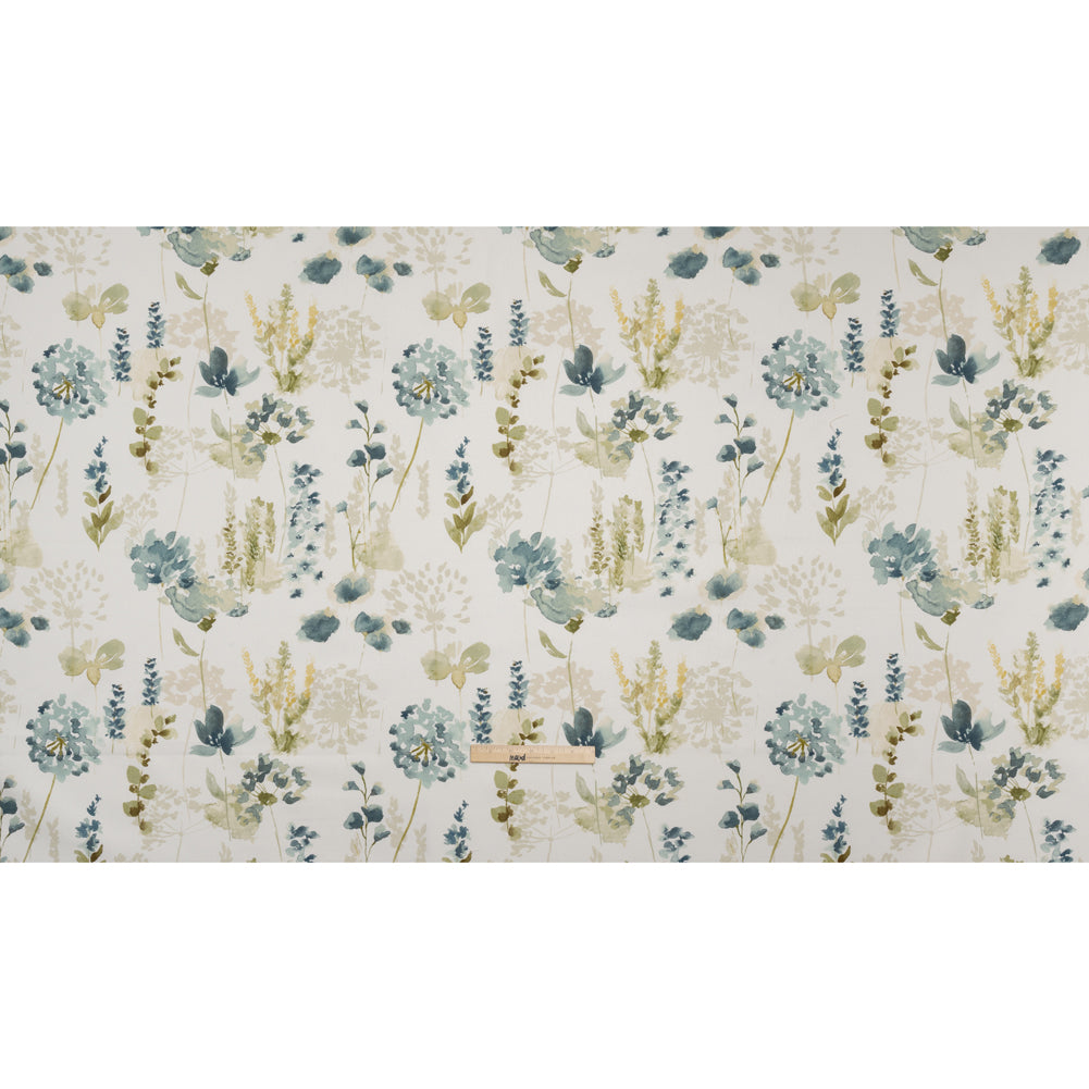 Printed Cotton Canvas - Azure Watercolor Blooms - British Imported