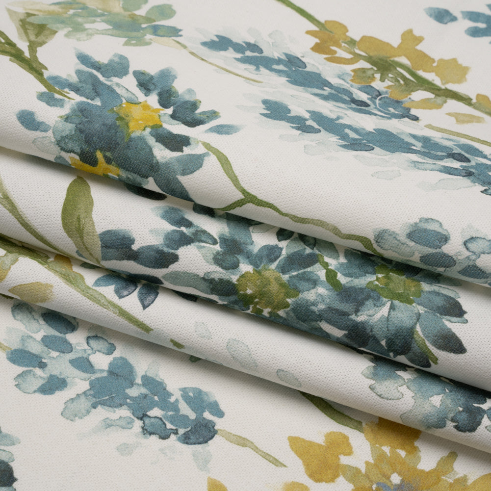 Printed Cotton Canvas - Azure Blooming Watercolor Garden - British Imported - Folded