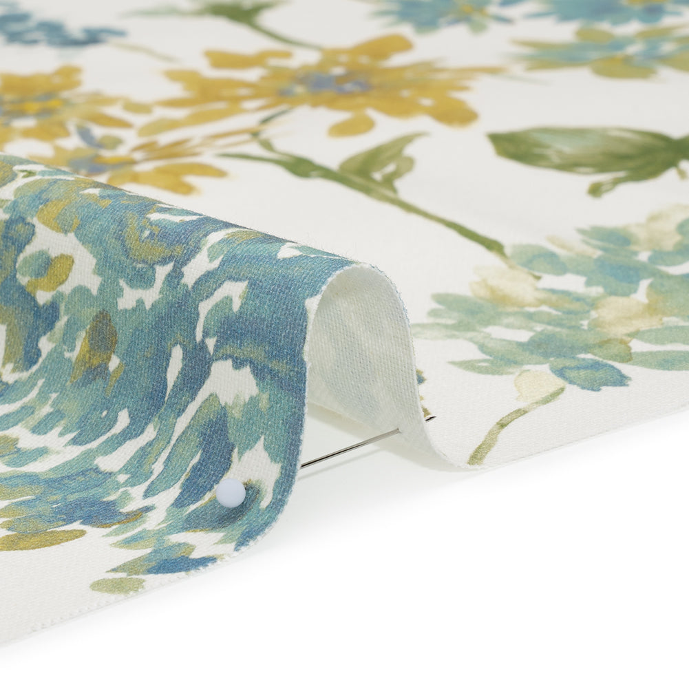 Printed Cotton Canvas - Azure Blooming Watercolor Garden - British Imported - Detail