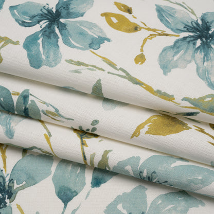 Printed Cotton Canvas - Azure Watercolor Floral Stems - British Imported