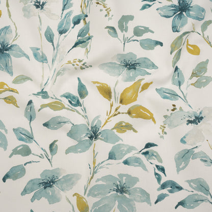Printed Cotton Canvas - Azure Watercolor Floral Stems - British Imported