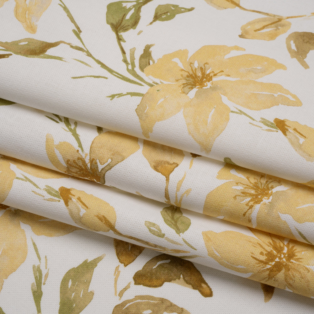 Printed Cotton Canvas - Maize Watercolor Floral Stems - British Imported - Folded
