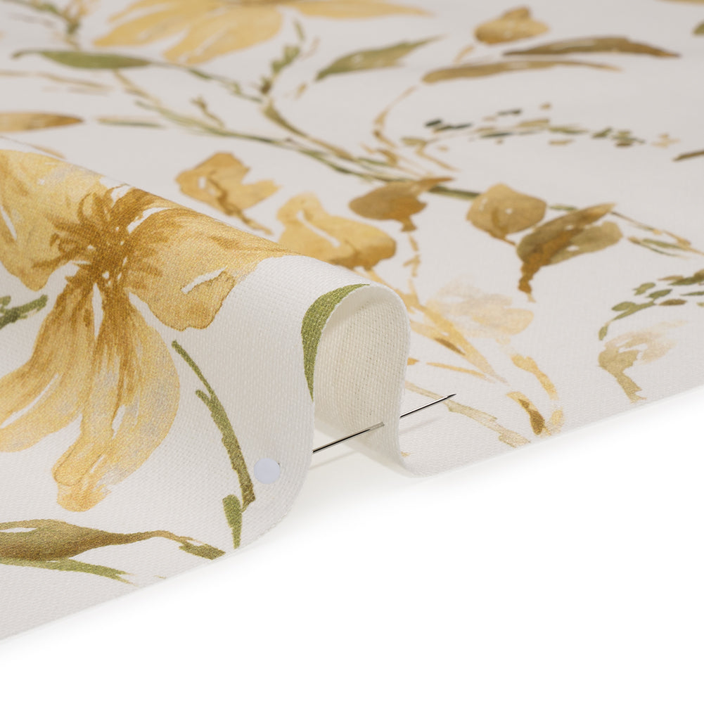 Printed Cotton Canvas - Maize Watercolor Floral Stems - British Imported - Detail
