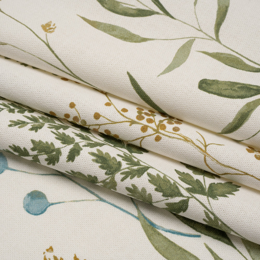 Printed Cotton Canvas - Duckegg Painted Wildflowers and Leaves - British Imported - Folded