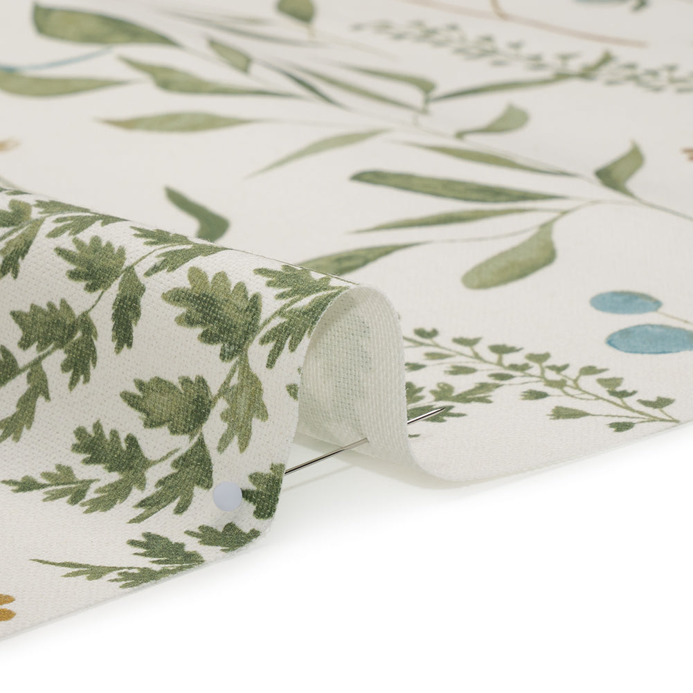 Printed Cotton Canvas - Duckegg Painted Wildflowers and Leaves - British Imported - Detail