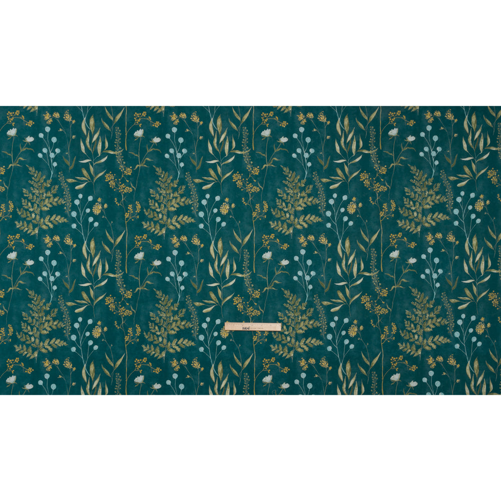 Printed Cotton Canvas - Kingfisher Painted Wildflowers and Leaves - British Imported