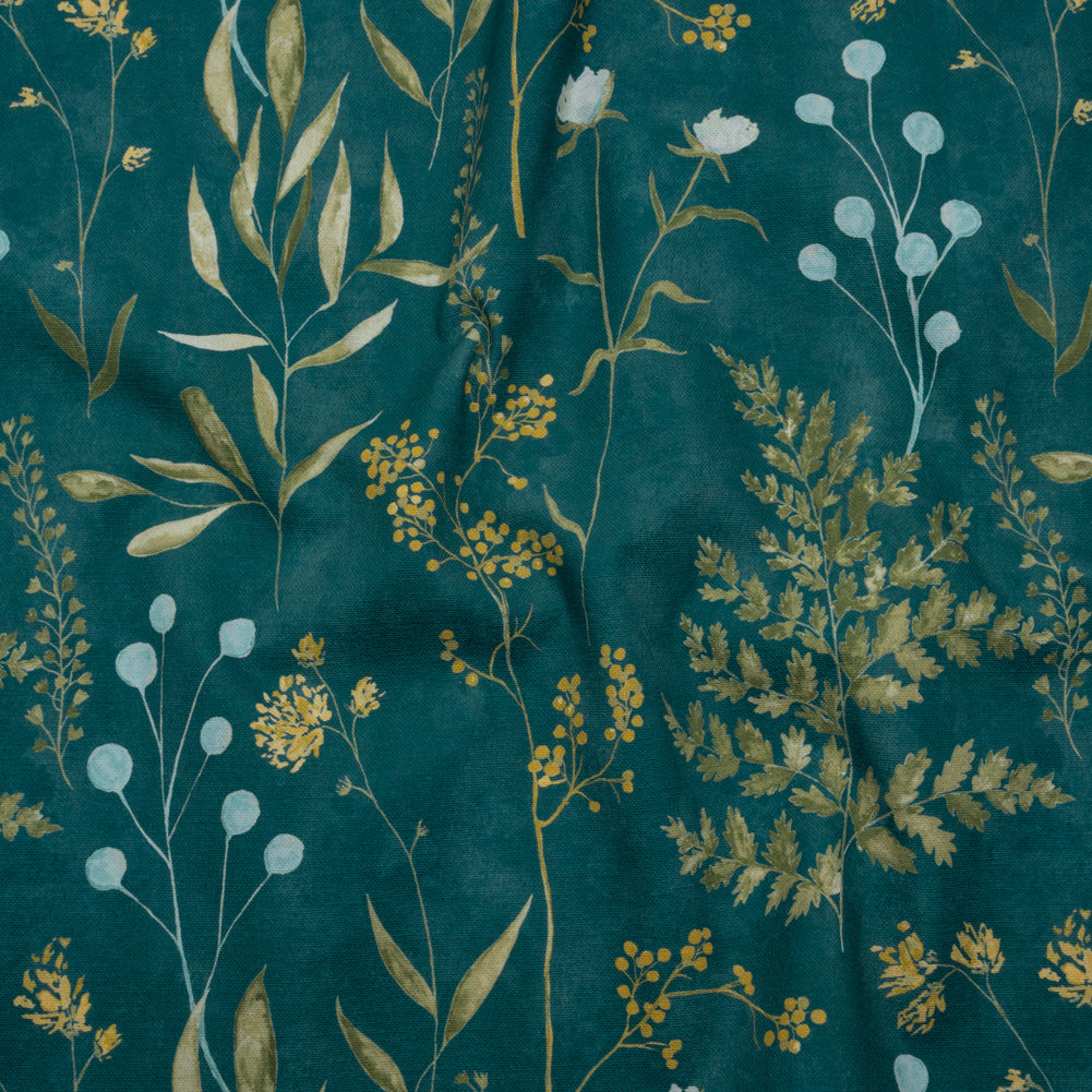 Printed Cotton Canvas - Kingfisher Painted Wildflowers and Leaves - British Imported