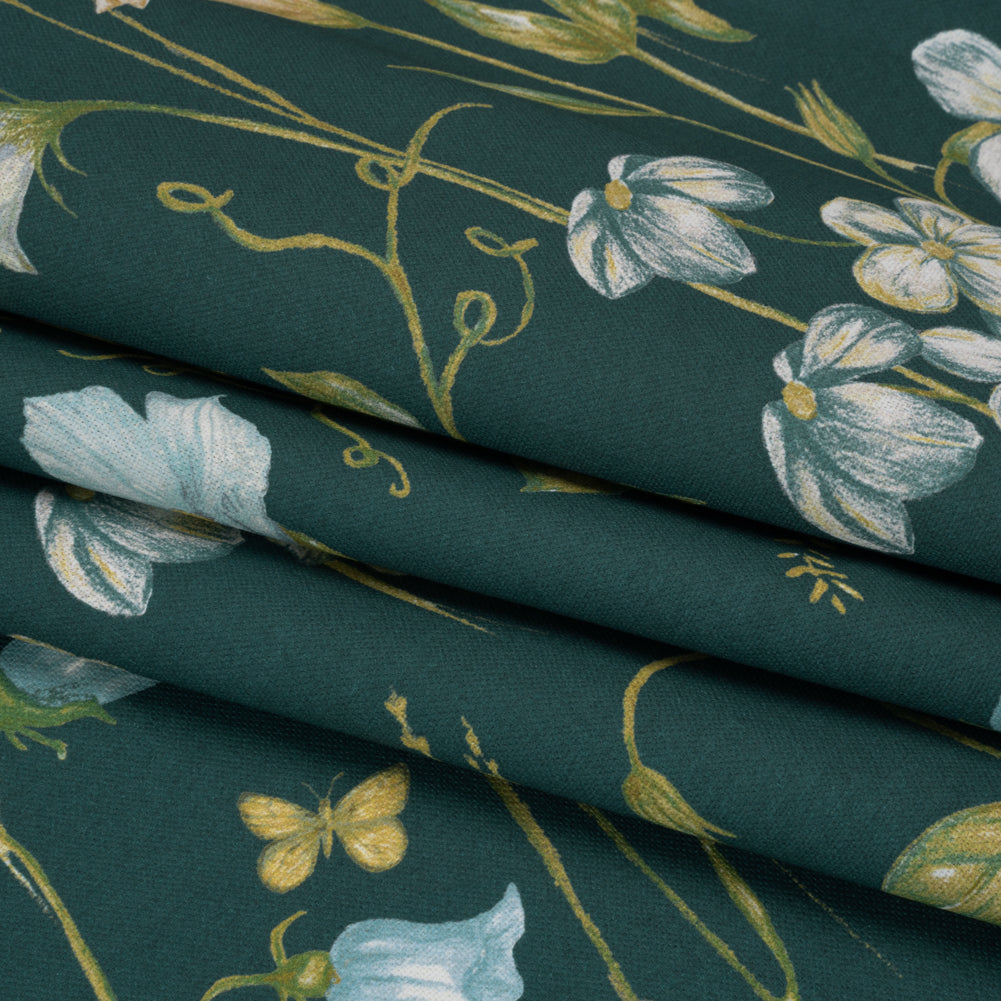 Printed Cotton Canvas - Kingfisher Flowering Stems and Butterflies - British Imported