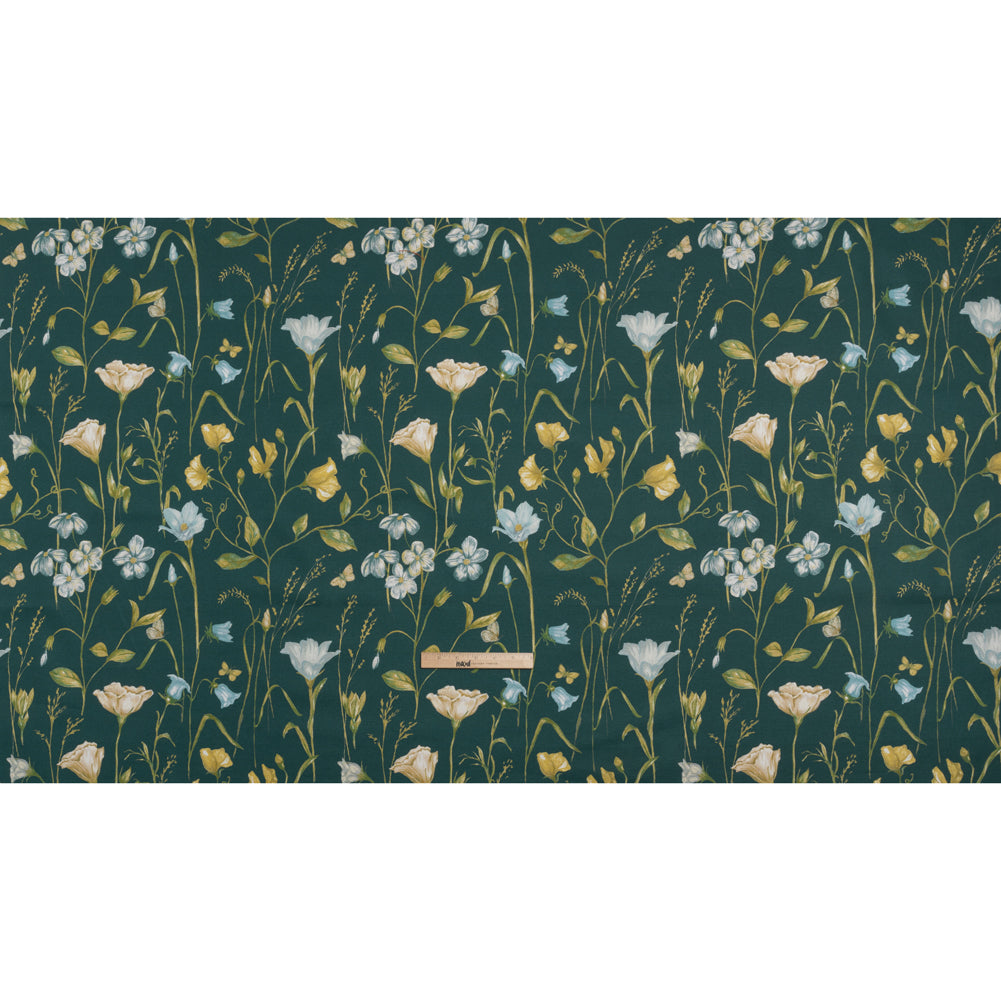 Printed Cotton Canvas - Kingfisher Flowering Stems and Butterflies - British Imported