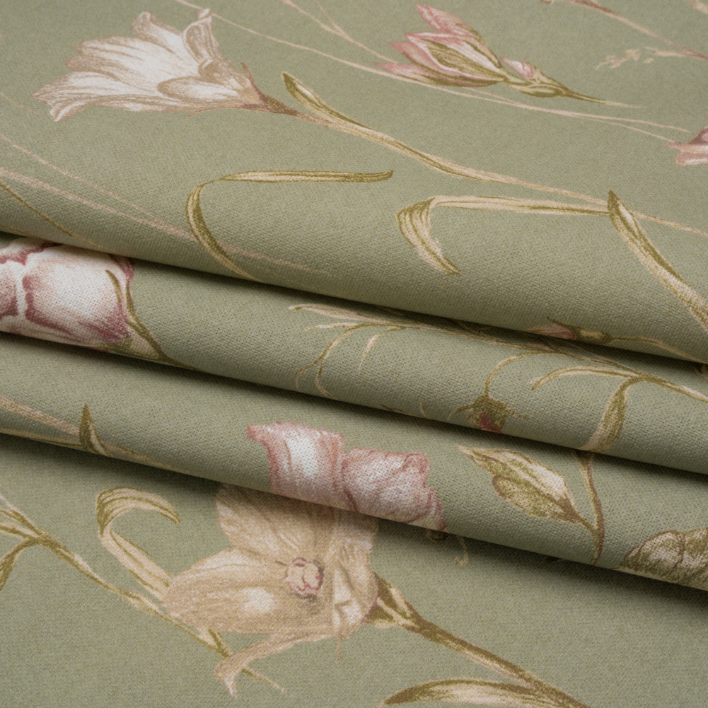 Printed Cotton Canvas - Sage Flowering Stems and Butterflies - British Imported