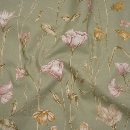 Printed Cotton Canvas - Sage Flowering Stems and Butterflies - British Imported
