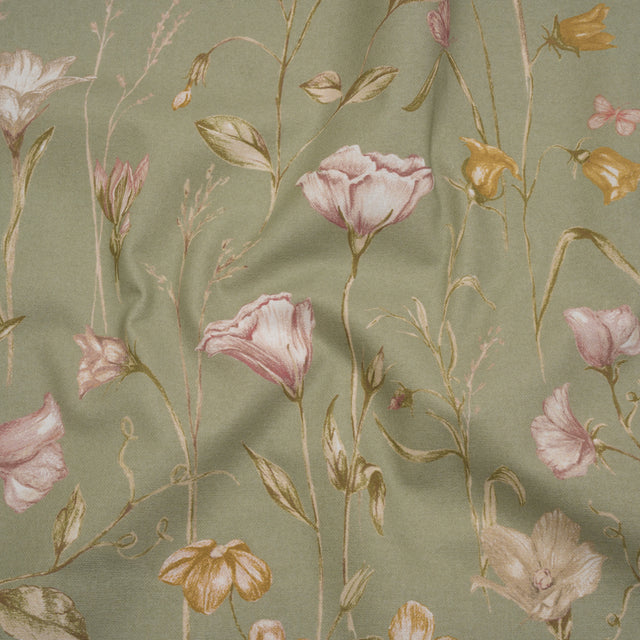 Printed Cotton Canvas - Sage Flowering Stems and Butterflies - British Imported