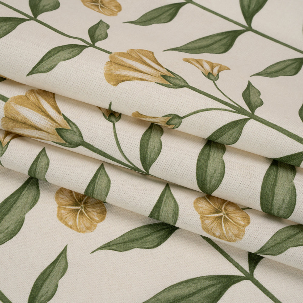 Printed Cotton Canvas - Marigold Balanced Flower Stems - British Imported - Folded