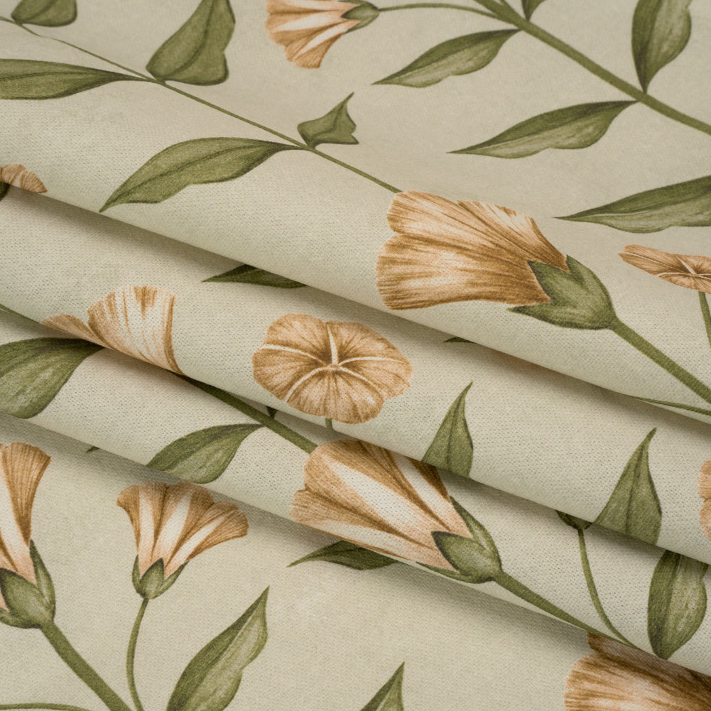 Printed Cotton Canvas - Ochre Balanced Flower Stems - British Imported - Folded