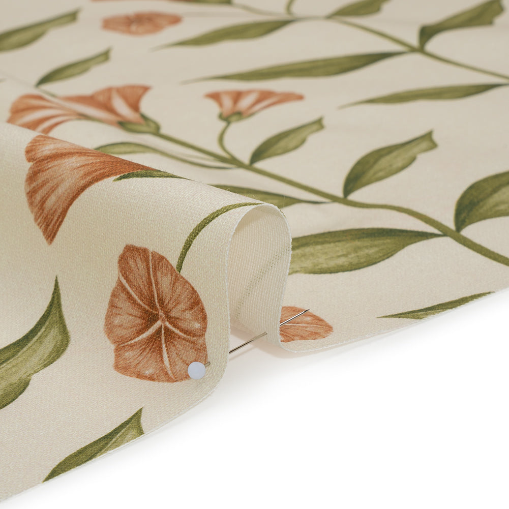 Printed Cotton Canvas - Terracotta Balanced Flower Stems - British Imported - Detail