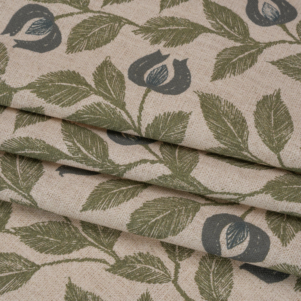 Printed Cotton Canvas - Moss Budding Flowers and Leaves - British Imported - Folded