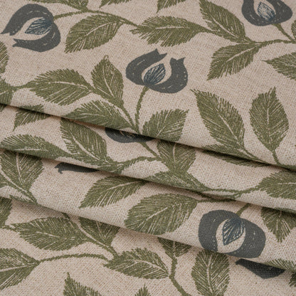 Printed Cotton Canvas - Moss Budding Flowers and Leaves - British Imported