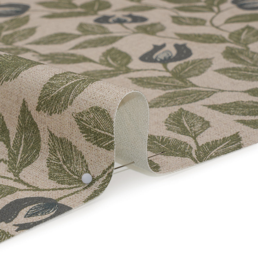 Printed Cotton Canvas - Moss Budding Flowers and Leaves - British Imported - Detail