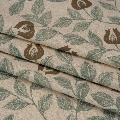 Printed Cotton Canvas - Sage Budding Flowers and Leaves - British Imported